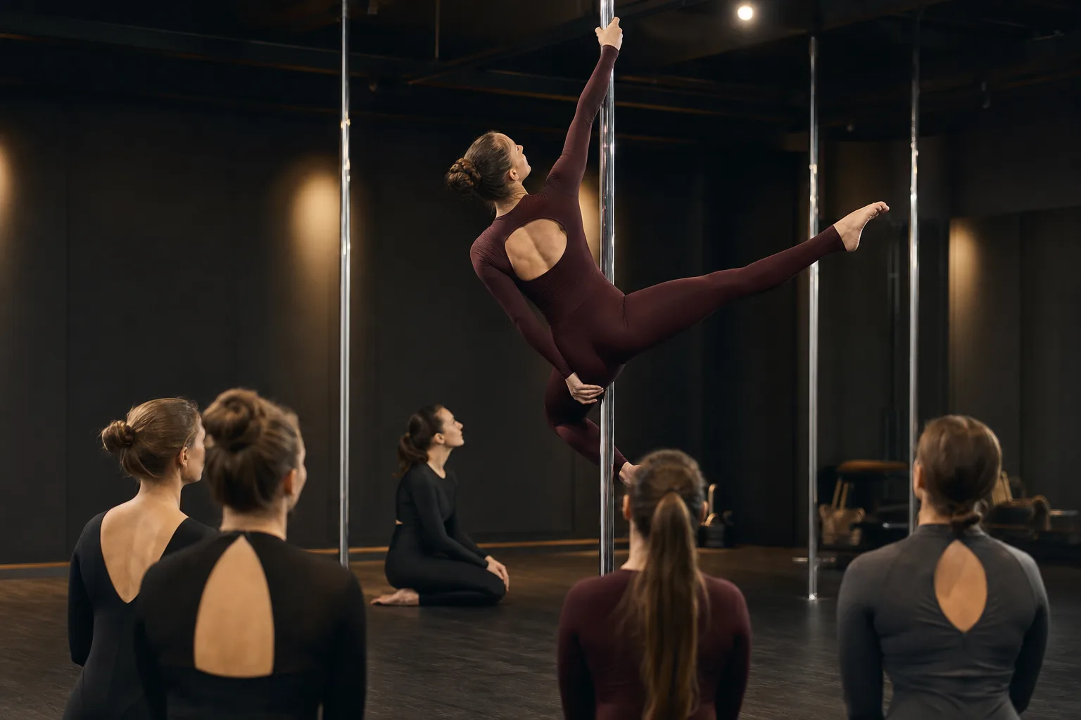 Ilustrační záběr z vedeného pole dance workshopu